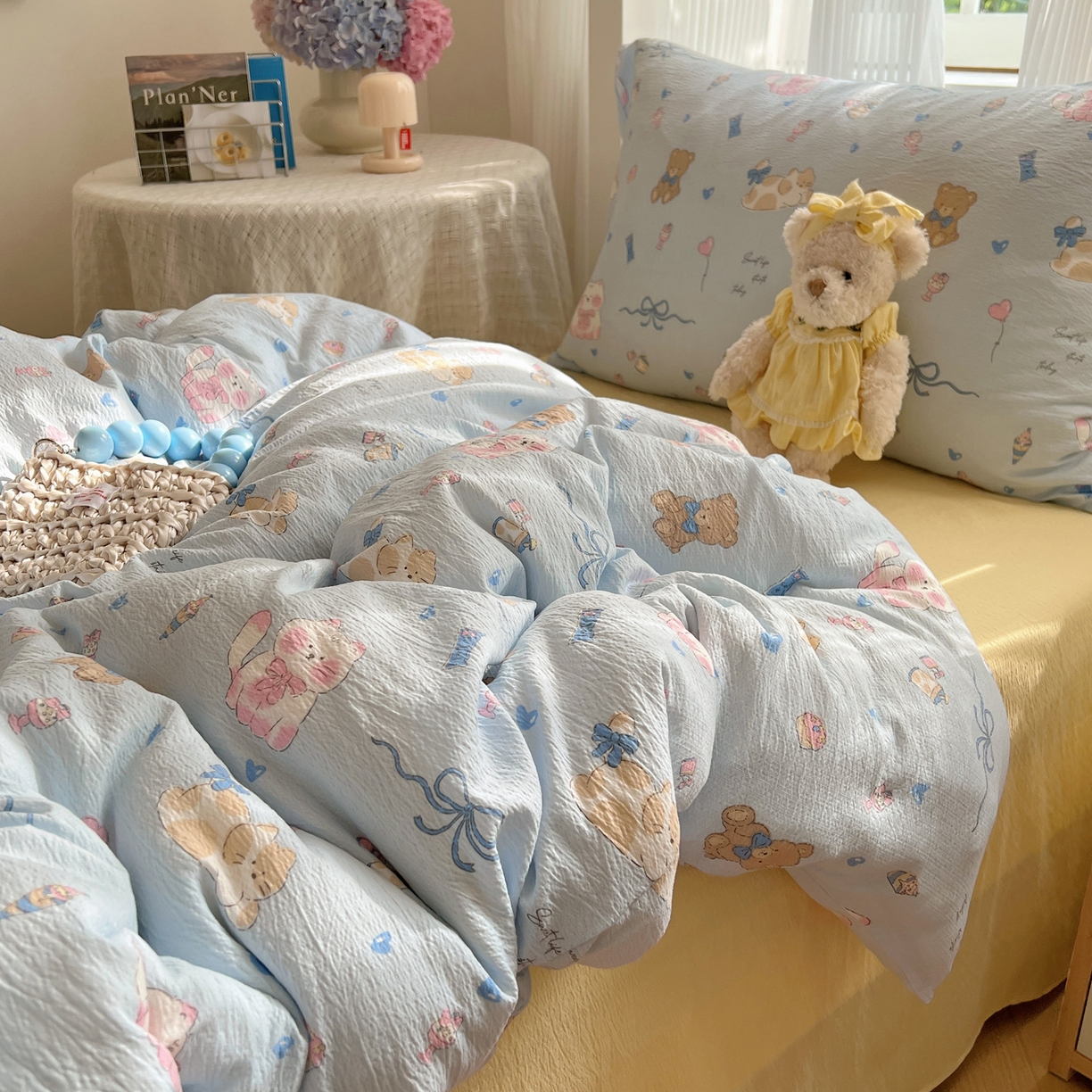 91家纺网 家纺一手货源 找家纺 繁花家居 2025新款木棉爆款学生床三件套四件套跑量款 小猫时光-蓝