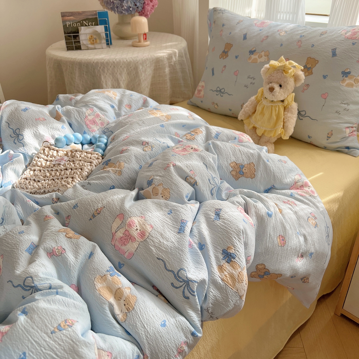 91家纺网 家纺一手货源 找家纺 繁花家居 2025新款木棉爆款学生床三件套四件套跑量款 小猫时光-蓝