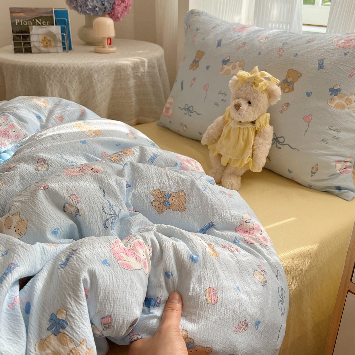 91家纺网 家纺一手货源 找家纺 繁花家居 2025新款木棉爆款学生床三件套四件套跑量款 小猫时光-蓝