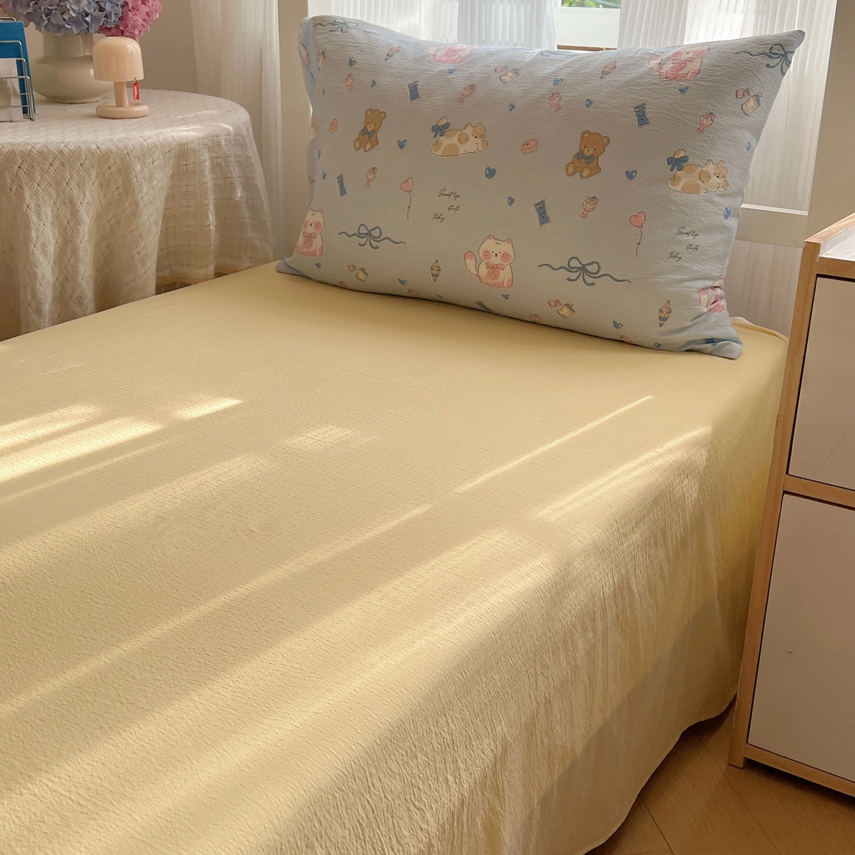 91家纺网 家纺一手货源 找家纺 繁花家居 2025新款木棉爆款学生床三件套四件套跑量款 小猫时光-蓝