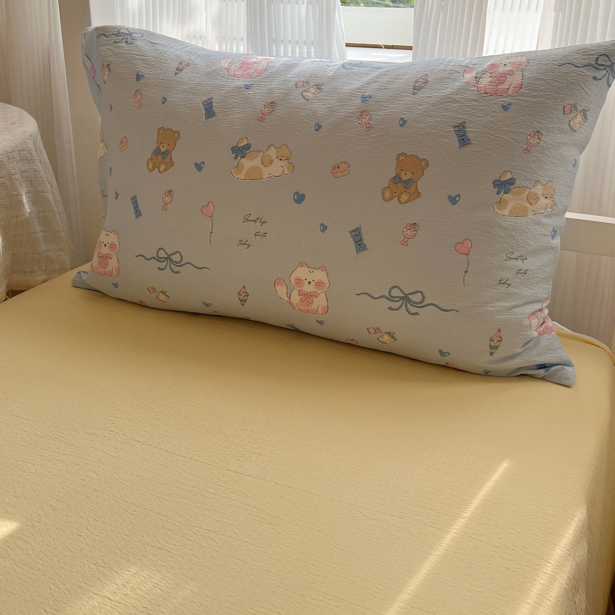 91家纺网 家纺一手货源 找家纺 繁花家居 2025新款木棉爆款学生床三件套四件套跑量款 小猫时光-蓝