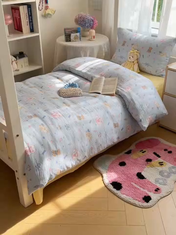 91家纺网 家纺一手货源 找家纺 繁花家居 2025新款木棉爆款学生床三件套四件套跑量款 小猫时光-蓝