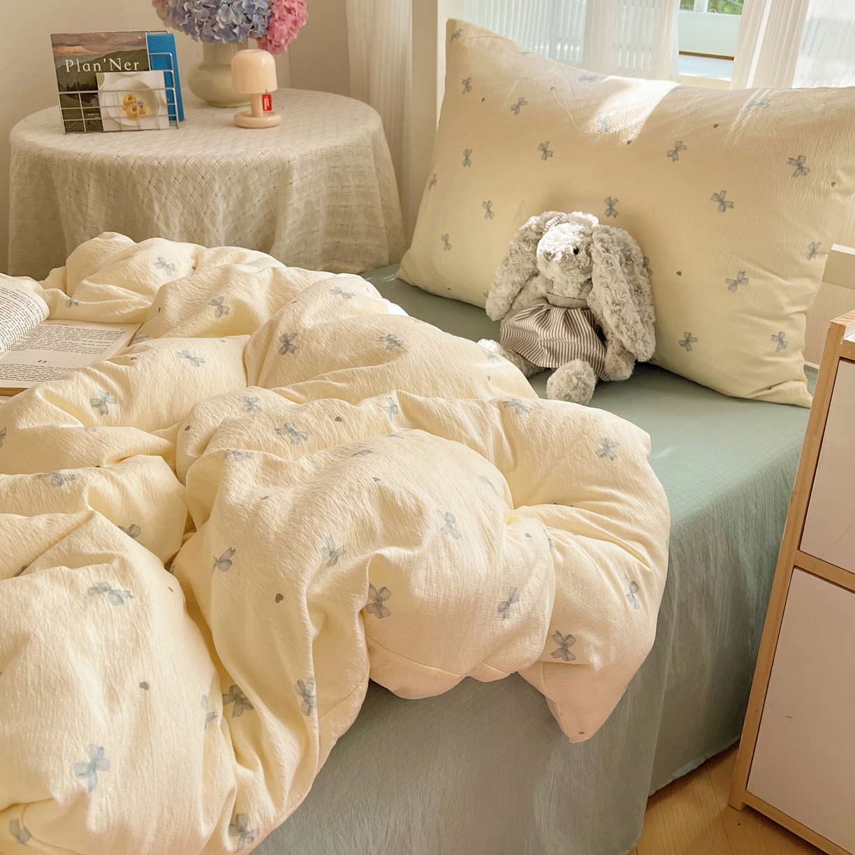 91家纺网 家纺一手货源 找家纺 繁花家居 2025新款木棉爆款学生床三件套四件套跑量款 心结蓝