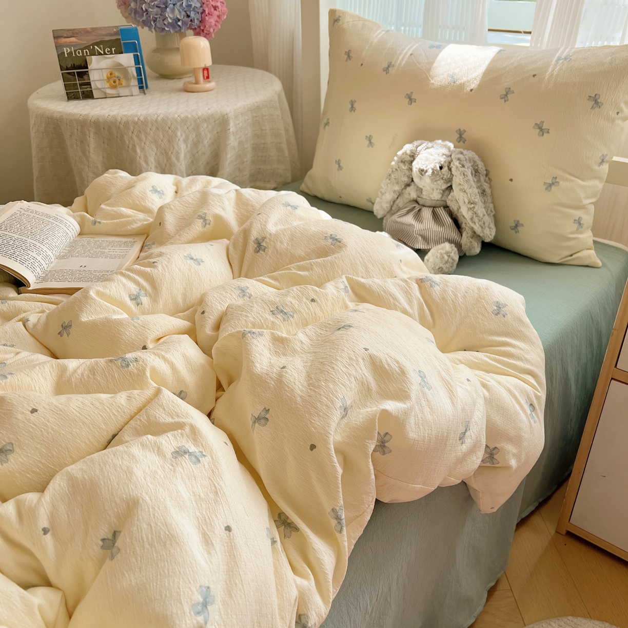 91家纺网 家纺一手货源 找家纺 繁花家居 2025新款木棉爆款学生床三件套四件套跑量款 心结蓝