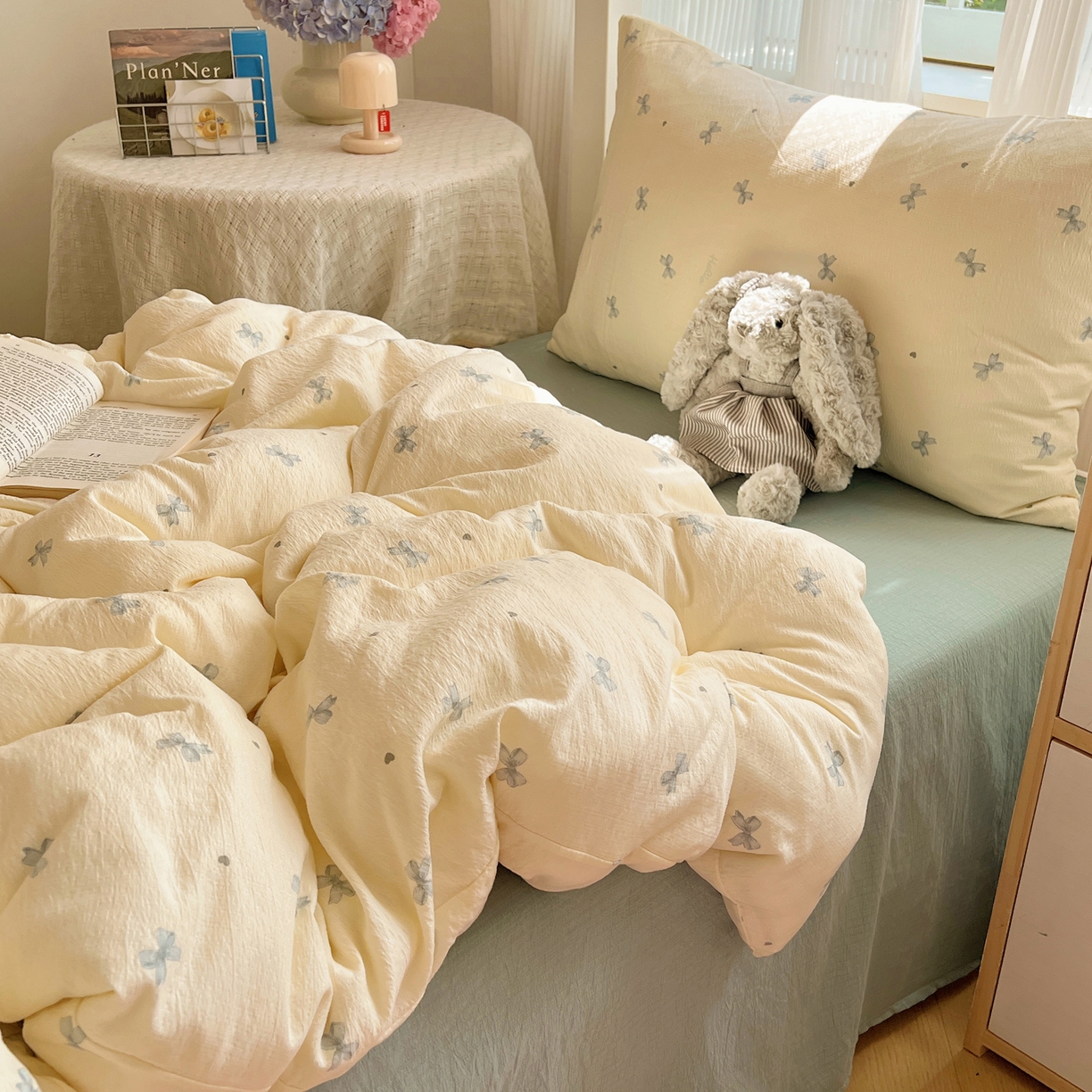 91家纺网 家纺一手货源 找家纺 繁花家居 2025新款木棉爆款学生床三件套四件套跑量款 心结蓝