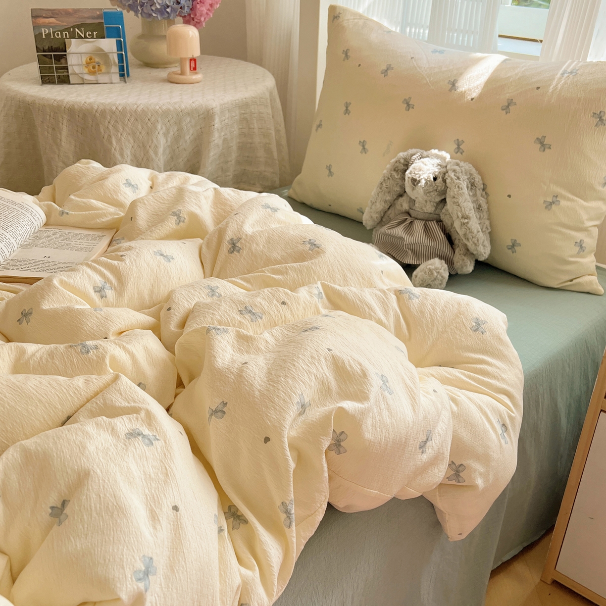 91家纺网 家纺一手货源 找家纺 繁花家居 2025新款木棉爆款学生床三件套四件套跑量款 心结蓝