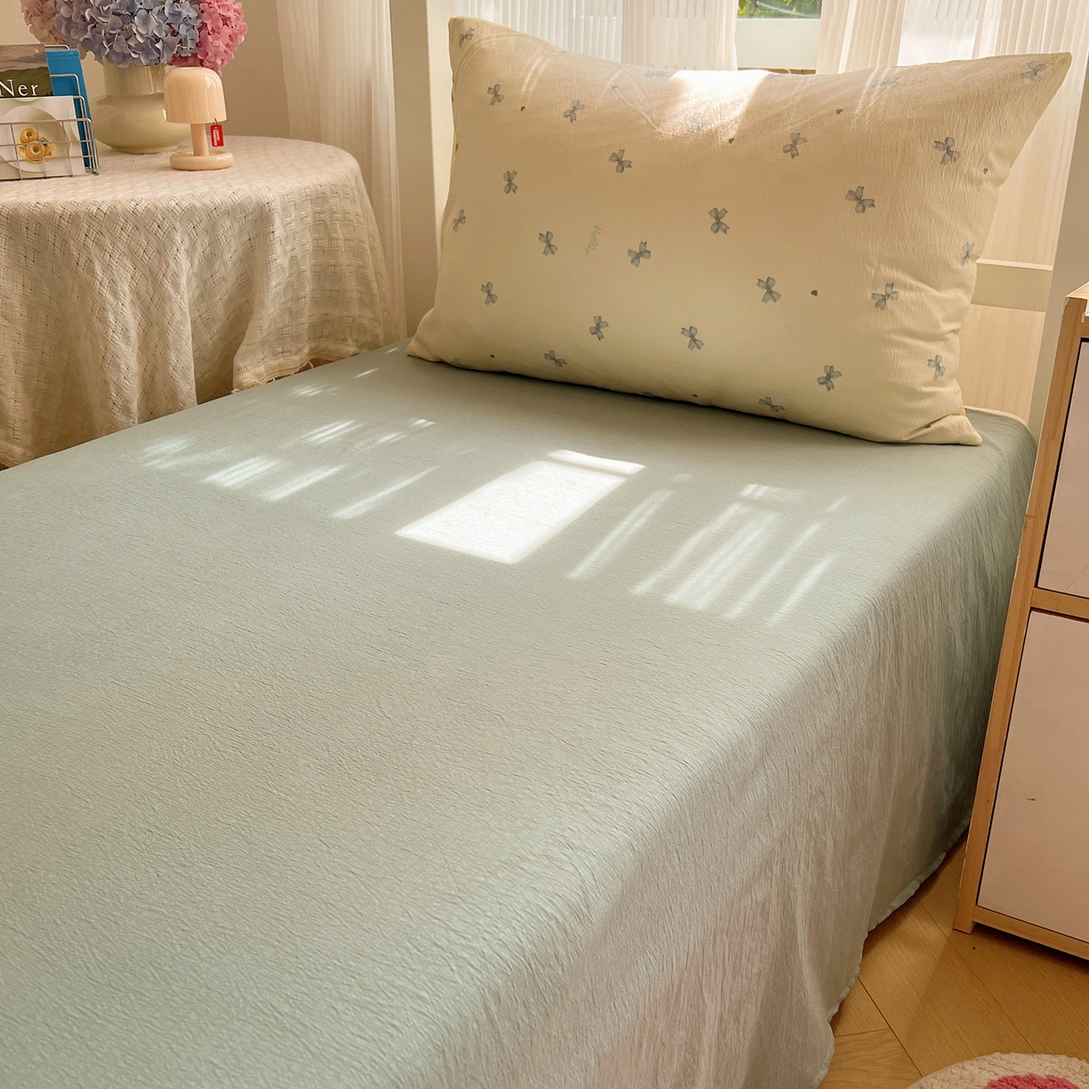 91家纺网 家纺一手货源 找家纺 繁花家居 2025新款木棉爆款学生床三件套四件套跑量款 心结蓝