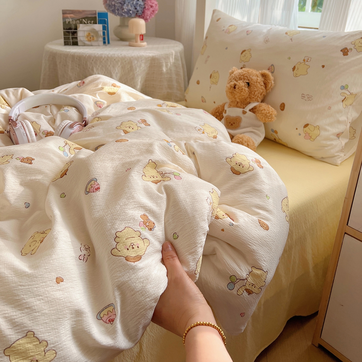 91家纺网 家纺一手货源 找家纺 繁花家居 2025新款木棉爆款学生床三件套四件套跑量款 元气布丁