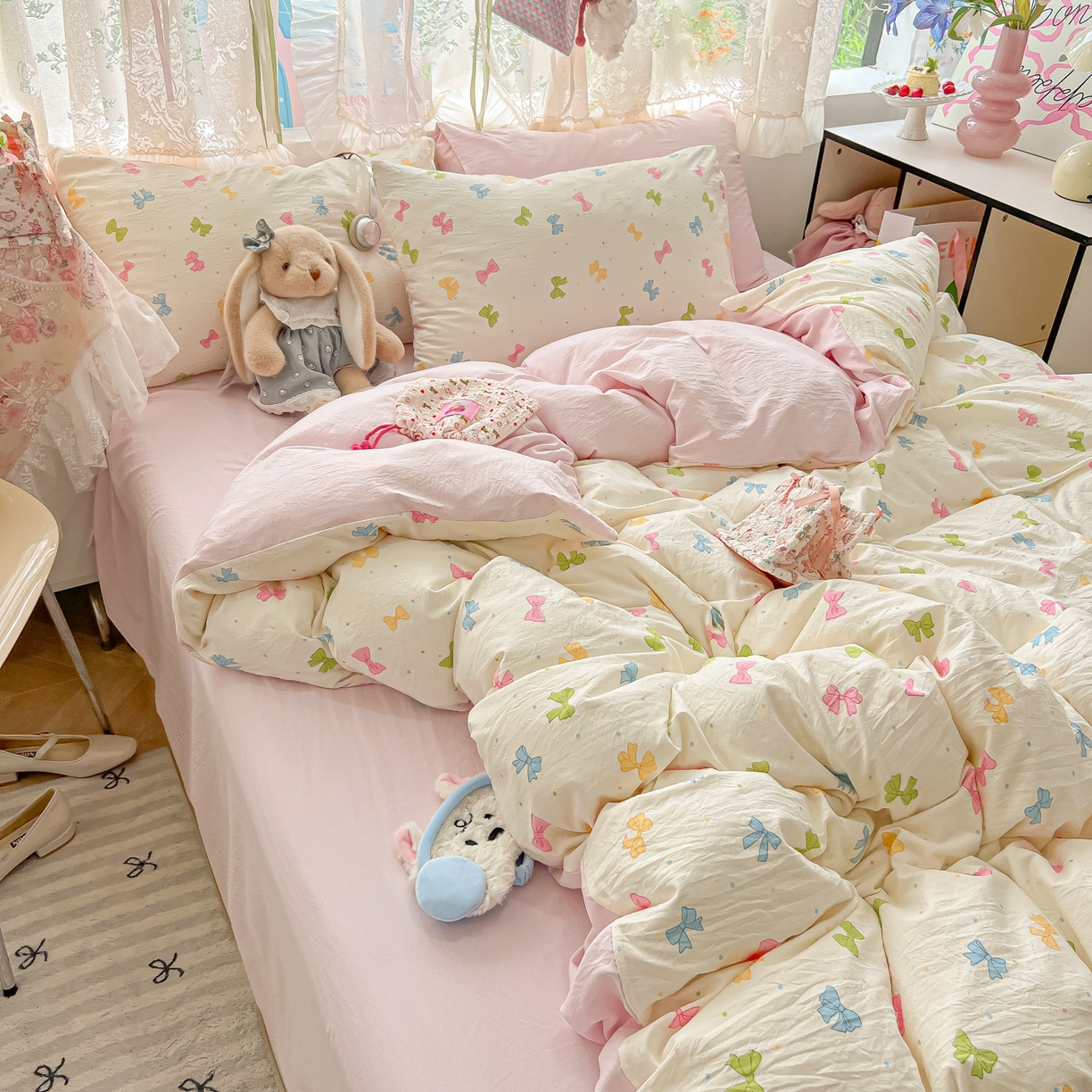 91家纺网 家纺一手货源 找家纺 （总）盼季家纺 2025新款A类水洗棉印花双拼床上用品四件套学生宿舍床笠三件套