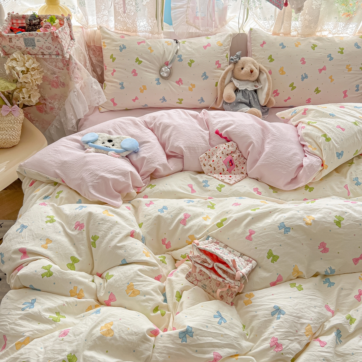 91家纺网 家纺一手货源 找家纺 盼季家纺 2025新款A类水洗棉印花双拼床上用品四件套学生宿舍床笠三件套 简单款-蝴蝶点点