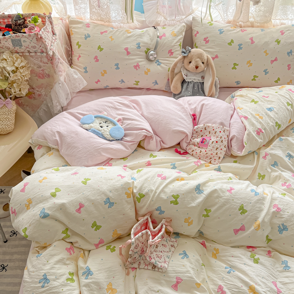 91家纺网 家纺一手货源 找家纺 盼季家纺 2025新款A类水洗棉印花双拼床上用品四件套学生宿舍床笠三件套 简单款-蝴蝶点点