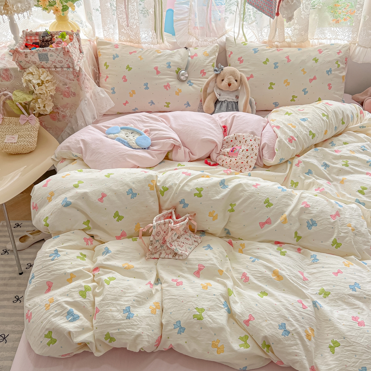 91家纺网 家纺一手货源 找家纺 盼季家纺 2025新款A类水洗棉印花双拼床上用品四件套学生宿舍床笠三件套 简单款-蝴蝶点点