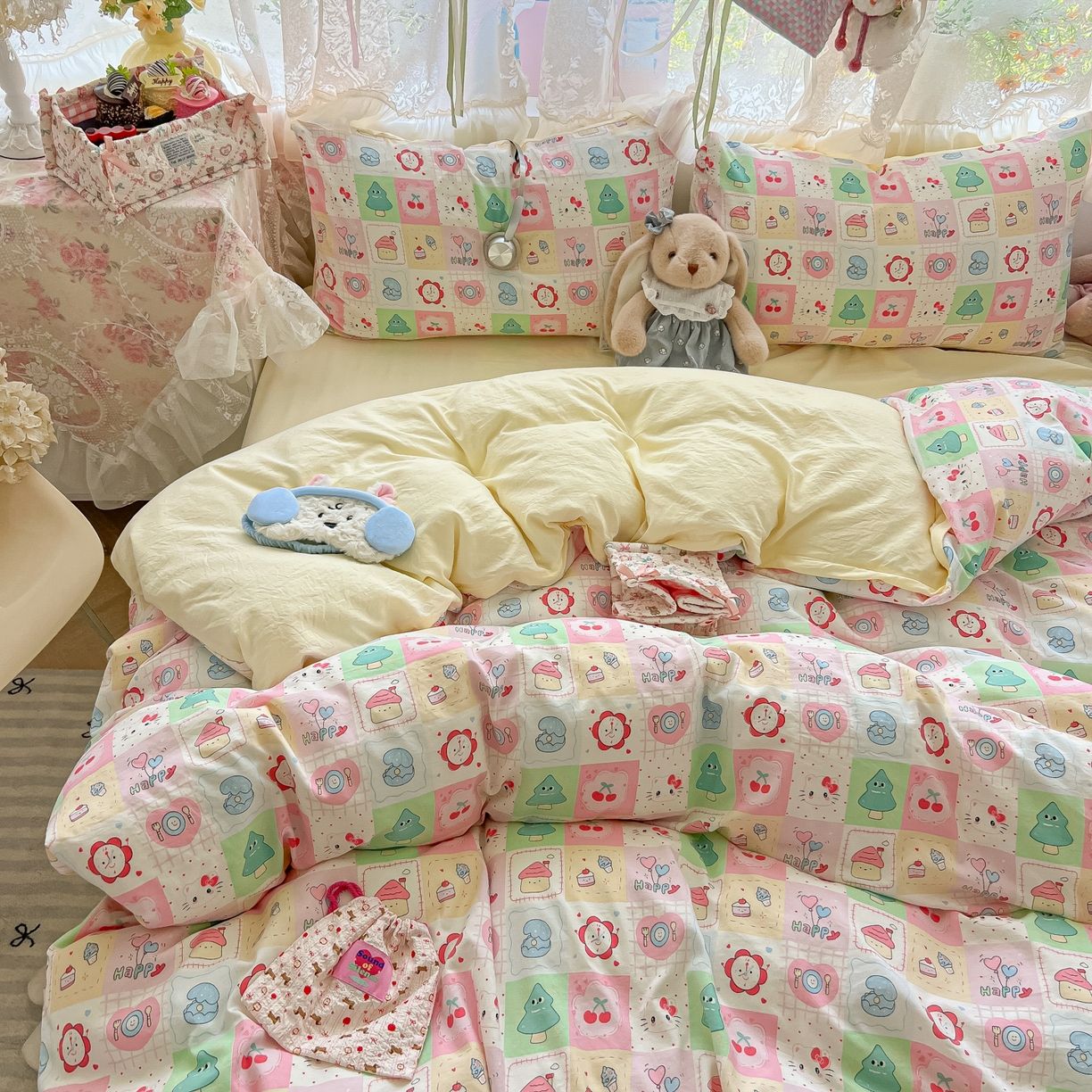 盼季家纺 2025新款A类水洗棉印花双拼床上用品四件套学生宿舍床笠三件套 简单款-方方乐园