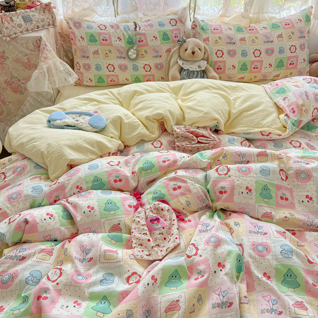 91家纺网 家纺一手货源 找家纺 盼季家纺 2025新款A类水洗棉印花双拼床上用品四件套学生宿舍床笠三件套 简单款-方方乐园