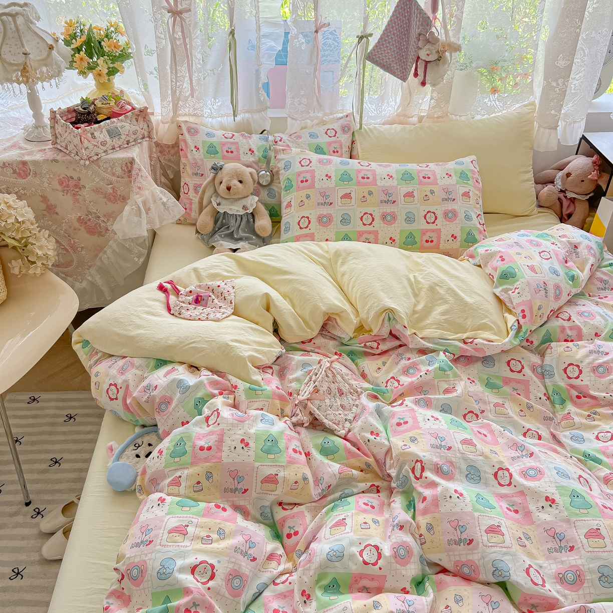 91家纺网 家纺一手货源 找家纺 盼季家纺 2025新款A类水洗棉印花双拼床上用品四件套学生宿舍床笠三件套 简单款-方方乐园