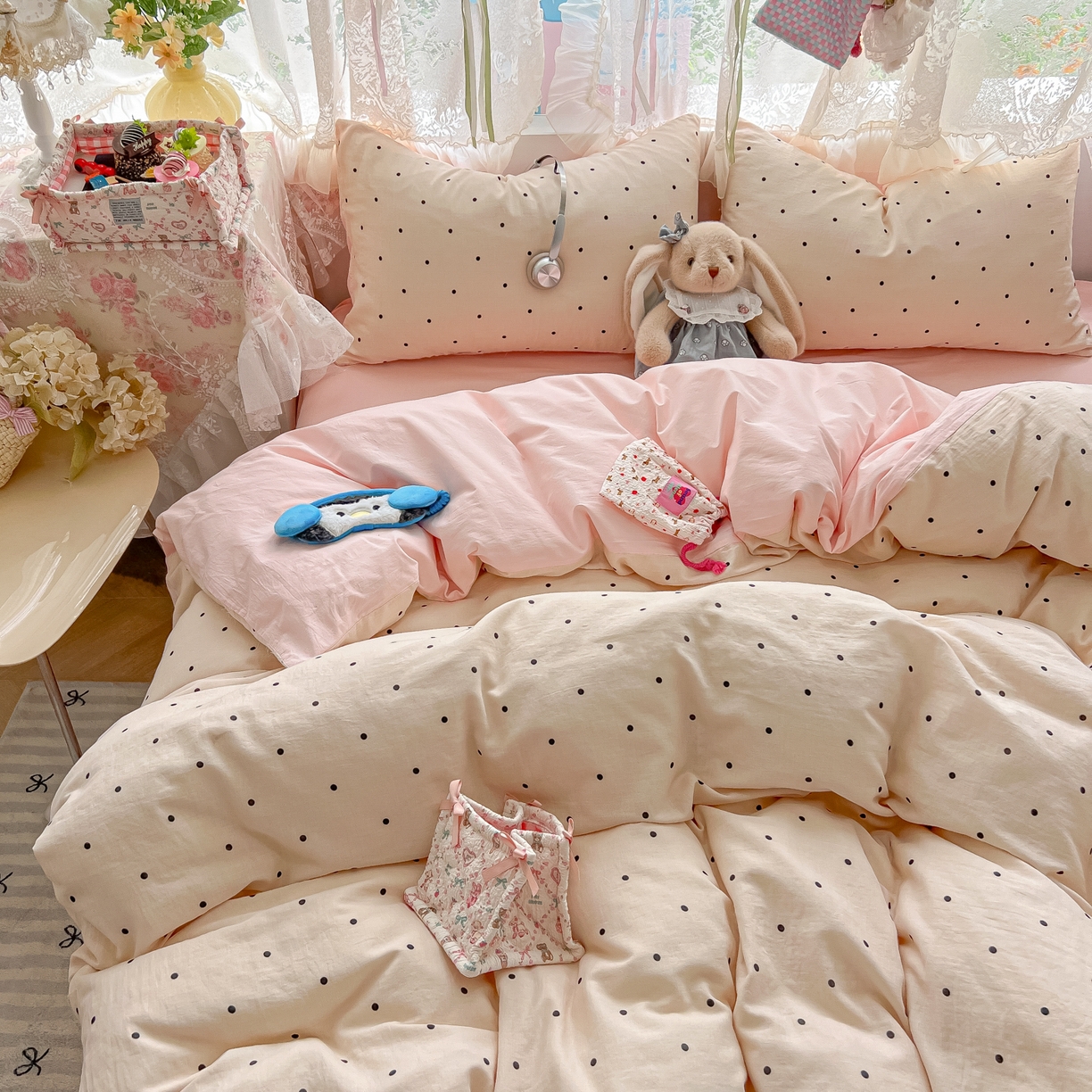 盼季家纺 2025新款A类水洗棉印花双拼床上用品四件套学生宿舍床笠三件套 简单款-粉白波点