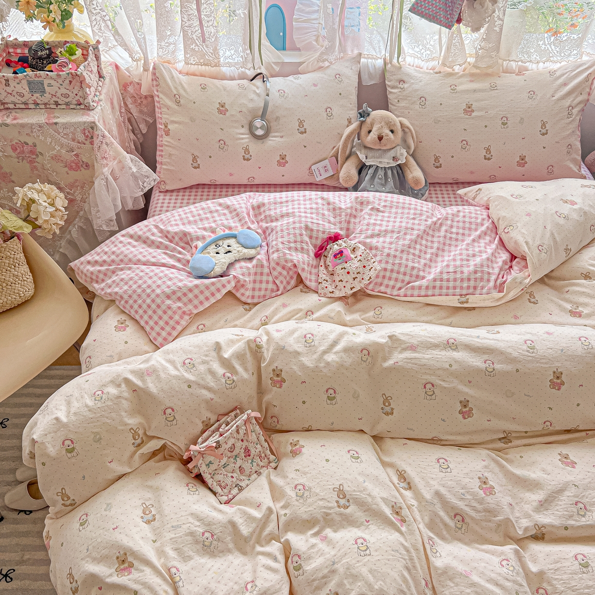 盼季家纺 2025新款A类水洗棉印花双拼床上用品四件套学生宿舍床笠三件套 简单款-粉格汪汪