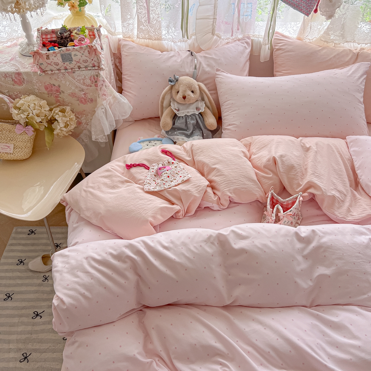 91家纺网 家纺一手货源 找家纺 盼季家纺 2025新款A类水洗棉印花双拼床上用品四件套学生宿舍床笠三件套 简单款-奶油粉点