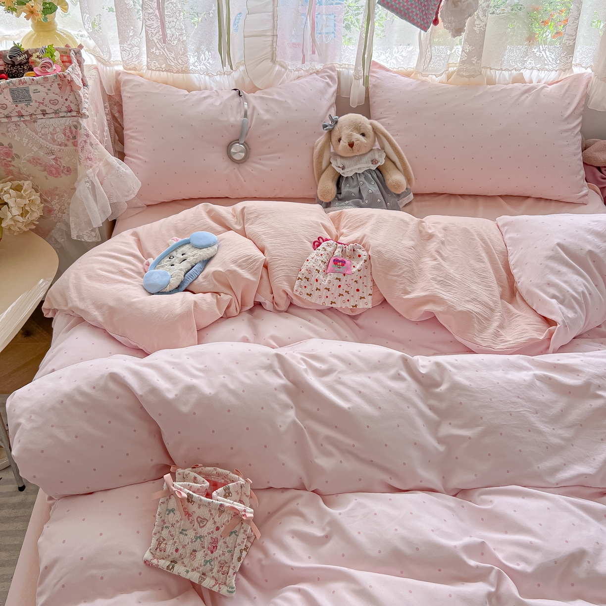 91家纺网 家纺一手货源 找家纺 盼季家纺 2025新款A类水洗棉印花双拼床上用品四件套学生宿舍床笠三件套 简单款-奶油粉点