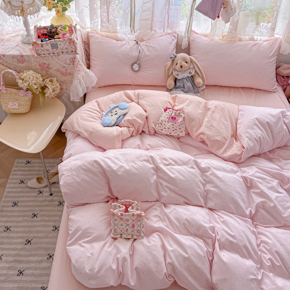 91家纺网 家纺一手货源 找家纺 盼季家纺 2025新款A类水洗棉印花双拼床上用品四件套学生宿舍床笠三件套 简单款-奶油粉点