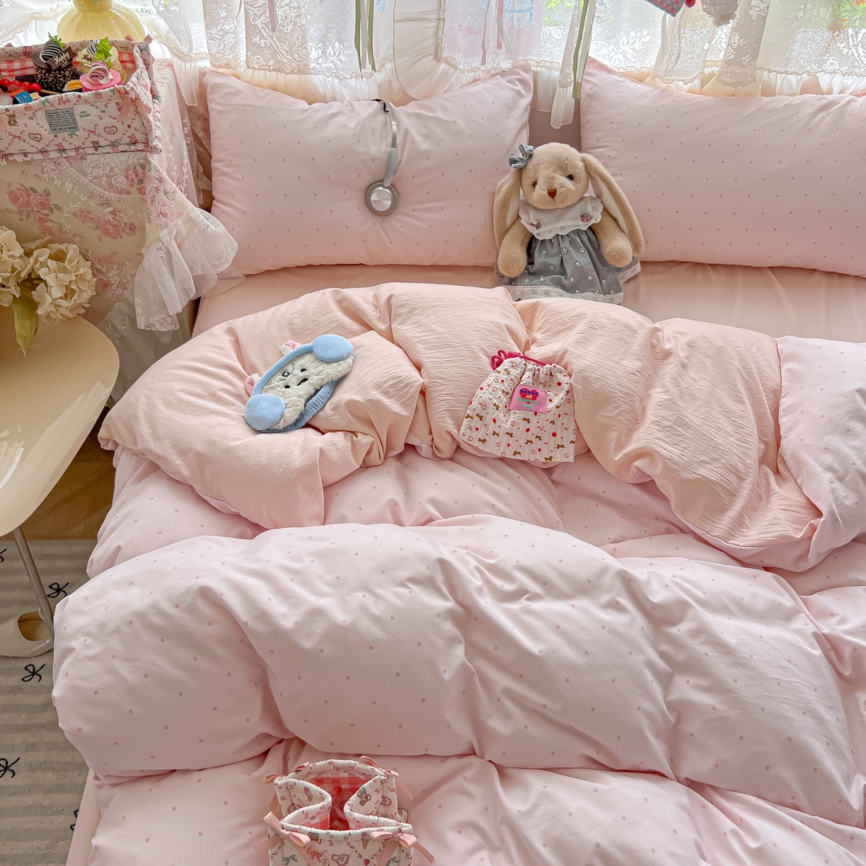 91家纺网 家纺一手货源 找家纺 盼季家纺 2025新款A类水洗棉印花双拼床上用品四件套学生宿舍床笠三件套 简单款-奶油粉点