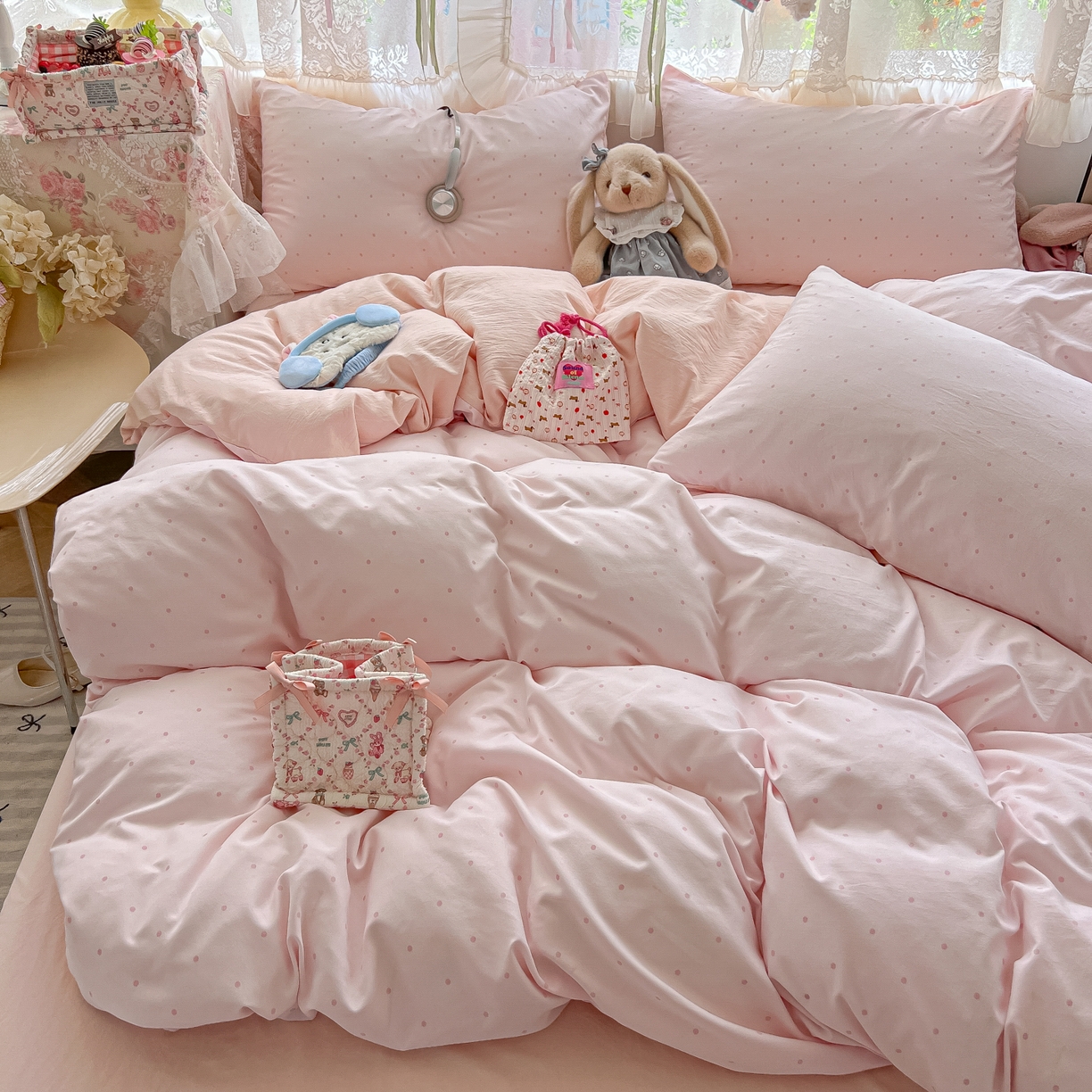 91家纺网 家纺一手货源 找家纺 盼季家纺 2025新款A类水洗棉印花双拼床上用品四件套学生宿舍床笠三件套 简单款-奶油粉点