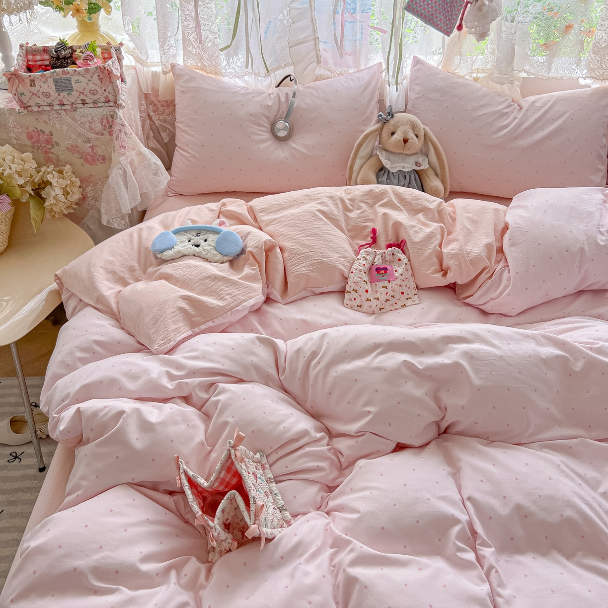 91家纺网 家纺一手货源 找家纺 盼季家纺 2025新款A类水洗棉印花双拼床上用品四件套学生宿舍床笠三件套 简单款-奶油粉点