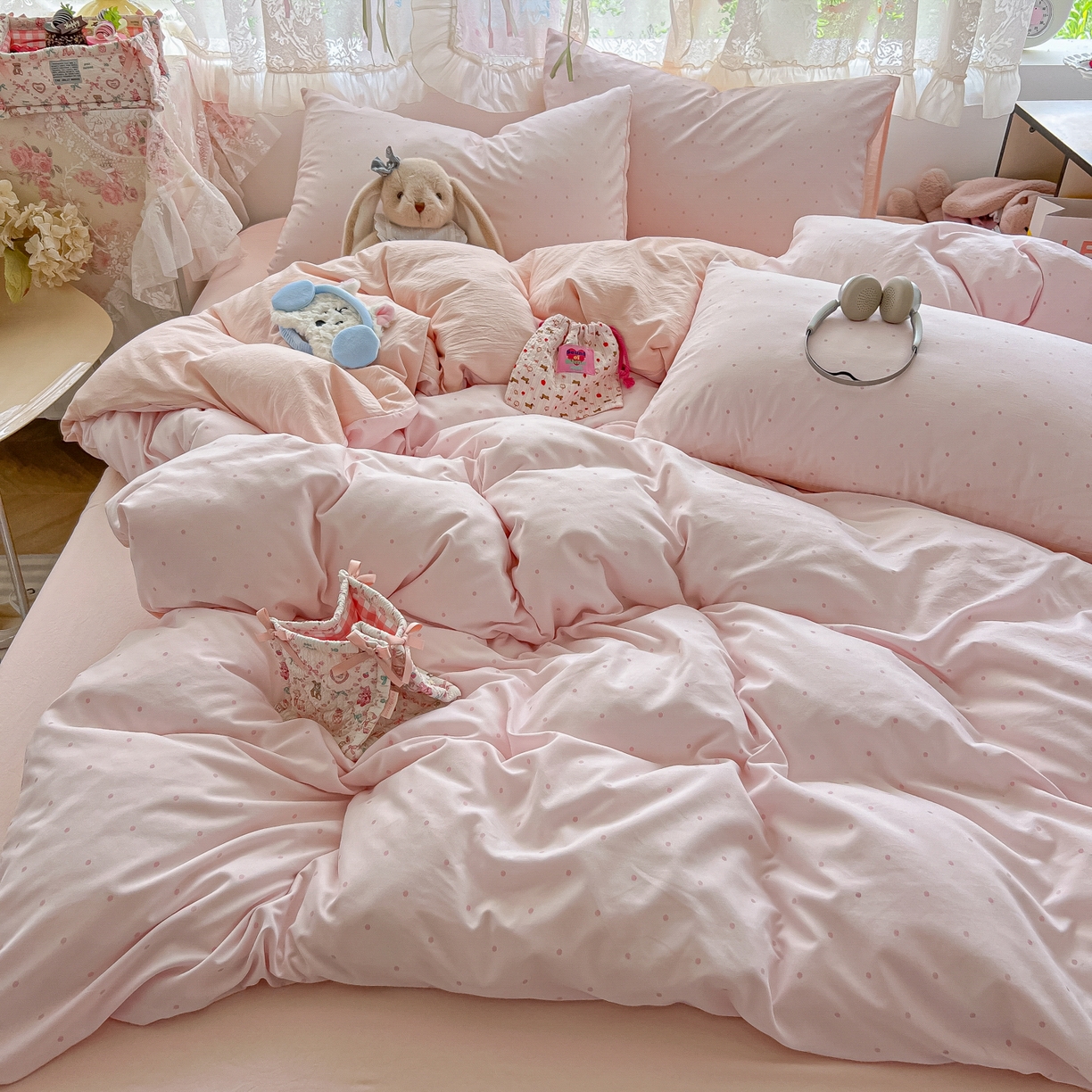 91家纺网 家纺一手货源 找家纺 盼季家纺 2025新款A类水洗棉印花双拼床上用品四件套学生宿舍床笠三件套 简单款-奶油粉点