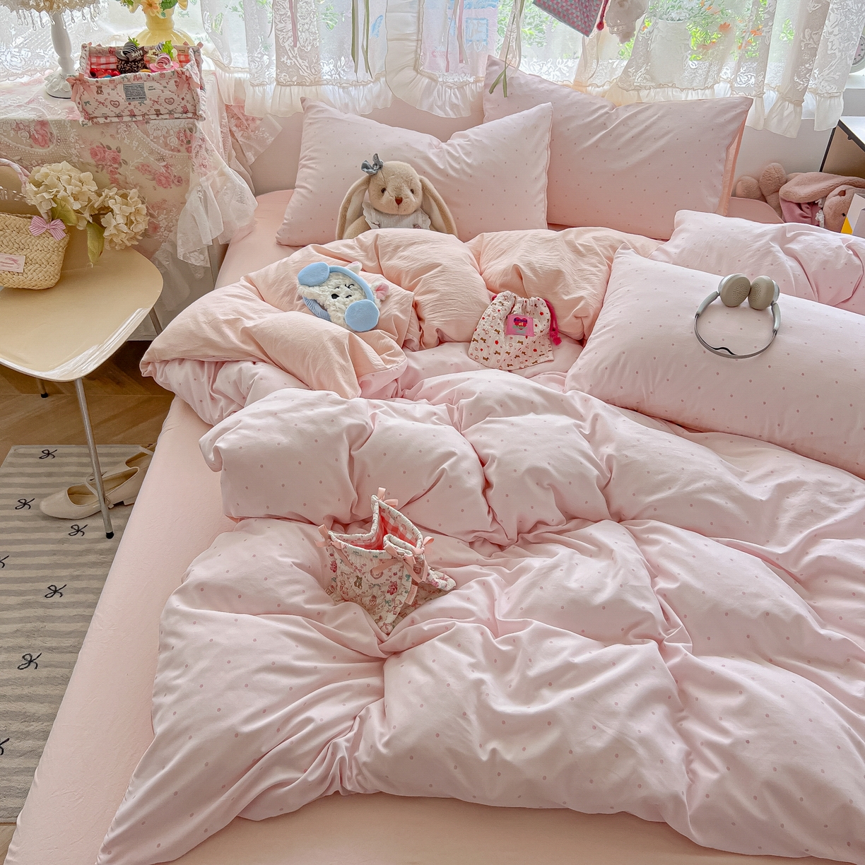 91家纺网 家纺一手货源 找家纺 盼季家纺 2025新款A类水洗棉印花双拼床上用品四件套学生宿舍床笠三件套 简单款-奶油粉点