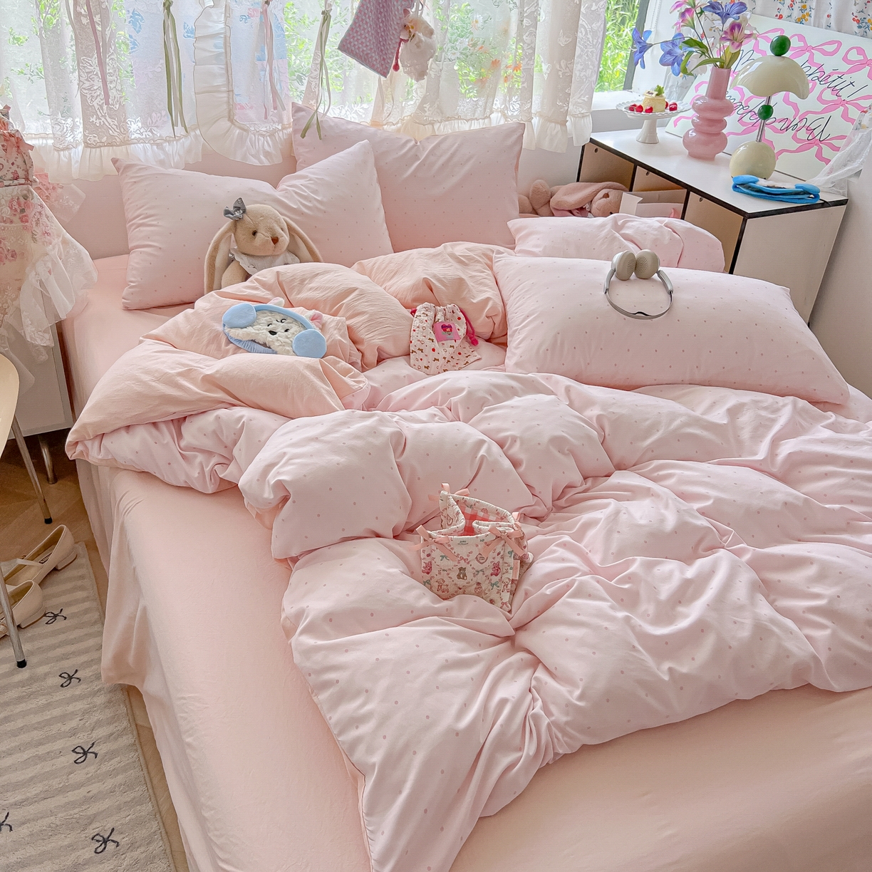 91家纺网 家纺一手货源 找家纺 盼季家纺 2025新款A类水洗棉印花双拼床上用品四件套学生宿舍床笠三件套 简单款-奶油粉点