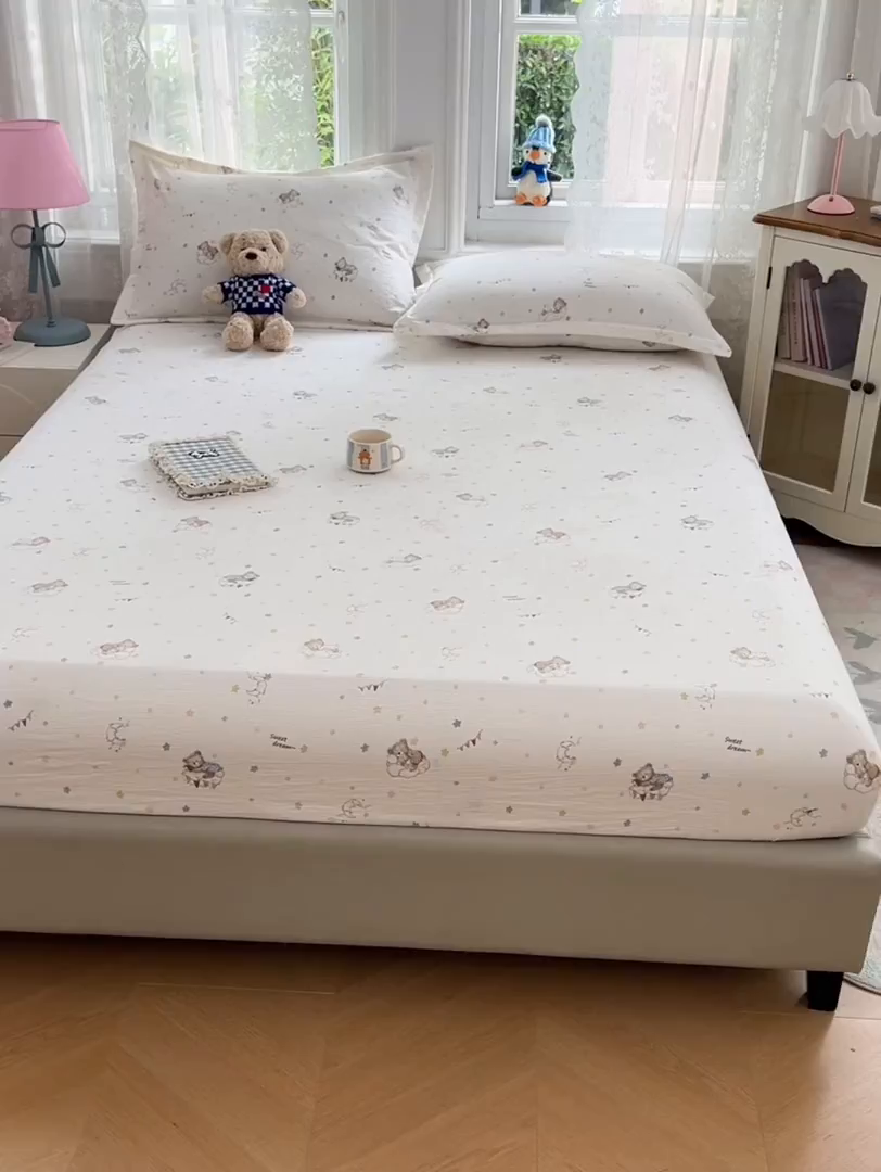 91家纺网 家纺一手货源 找家纺 梦舒羽 2025新款云感双层纱印花双人枕套情侣1.5m枕芯套1.8床枕头 假日小熊