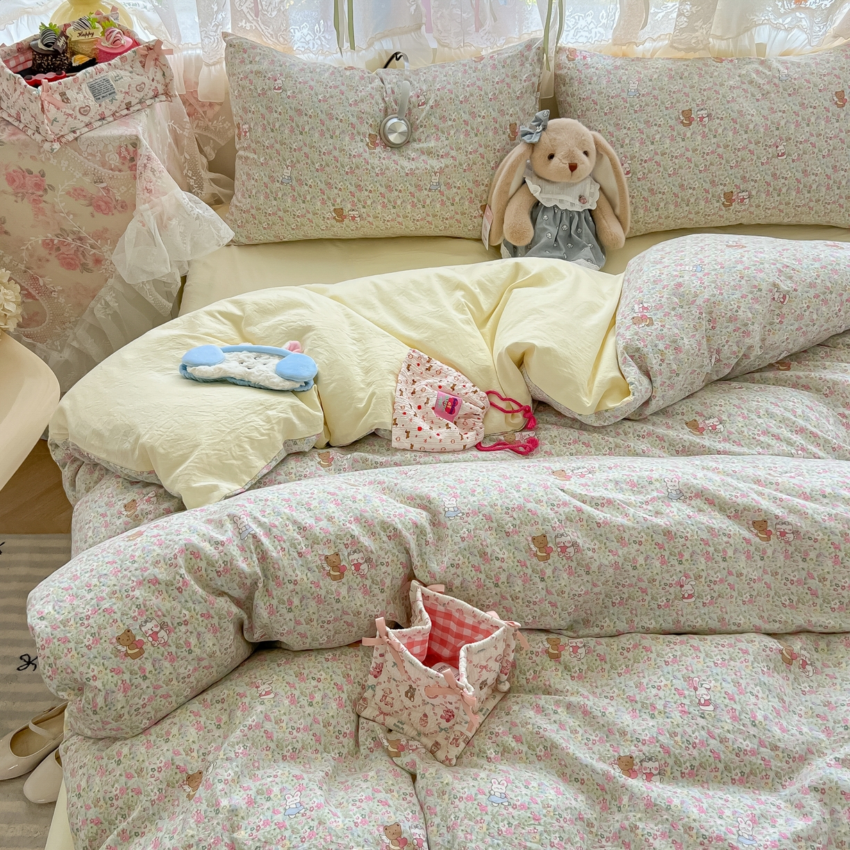 盼季家纺 2025新款A类水洗棉印花双拼床上用品四件套学生宿舍床笠三件套 简单款-小伙伴