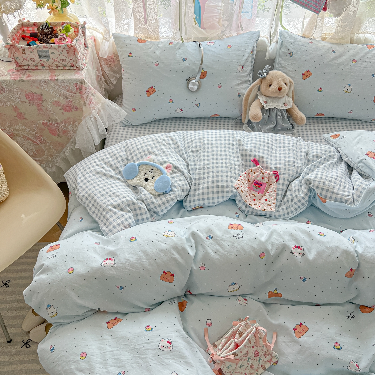 盼季家纺 2025新款A类水洗棉印花双拼床上用品四件套学生宿舍床笠三件套 简单款-小熊PARTY