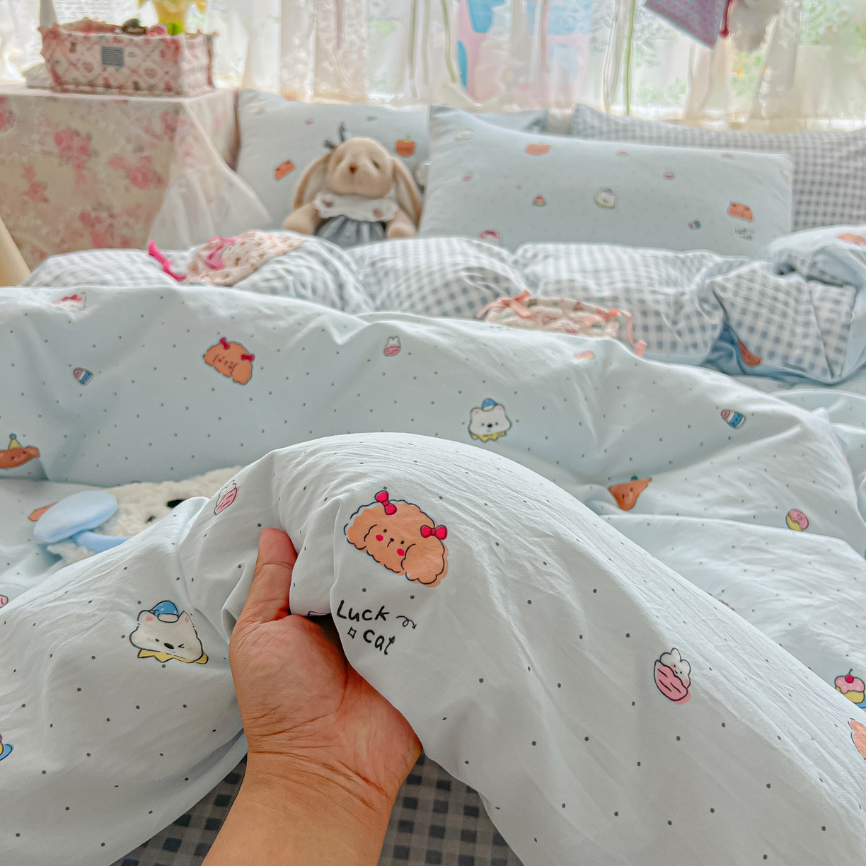 91家纺网 家纺一手货源 找家纺 盼季家纺 2025新款A类水洗棉印花双拼床上用品四件套学生宿舍床笠三件套 简单款-小熊PARTY