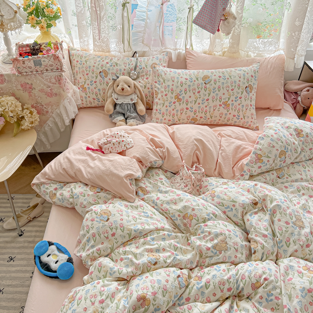 91家纺网 家纺一手货源 找家纺 盼季家纺 2025新款A类水洗棉印花双拼床上用品四件套学生宿舍床笠三件套 简单款-郁金香小狗