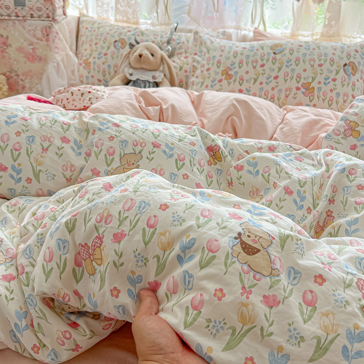 91家纺网 家纺一手货源 找家纺 盼季家纺 2025新款A类水洗棉印花双拼床上用品四件套学生宿舍床笠三件套 简单款-郁金香小狗