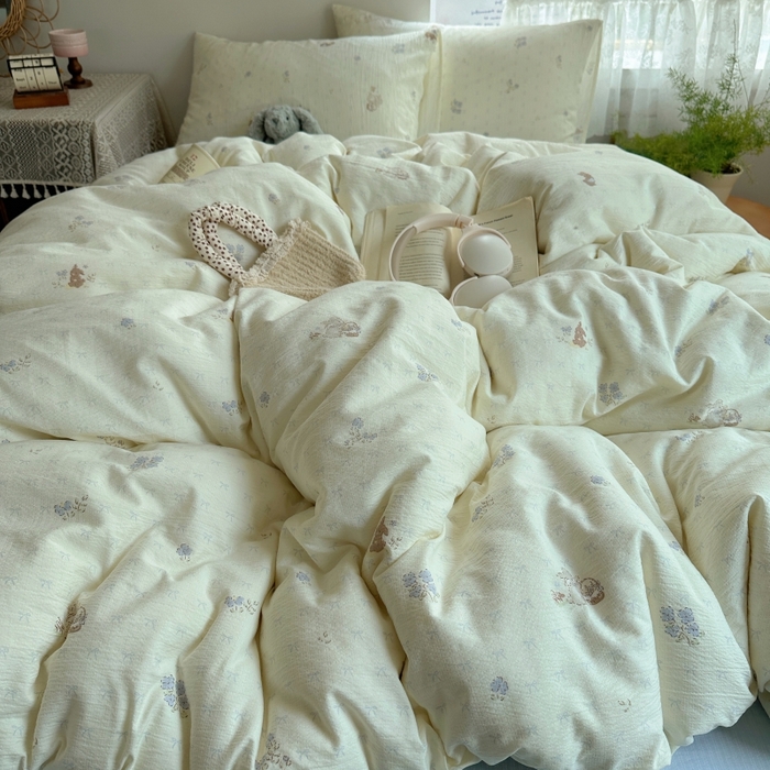 91家纺网 家纺一手货源 找家纺 红嘴企鹅 2025新款水洗棉四件套 淡彩繁花