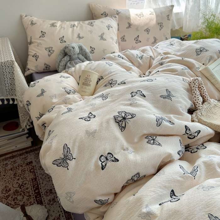 91家纺网 家纺一手货源 找家纺 红嘴企鹅 2025新款水洗棉四件套 蝴蝶柔纱