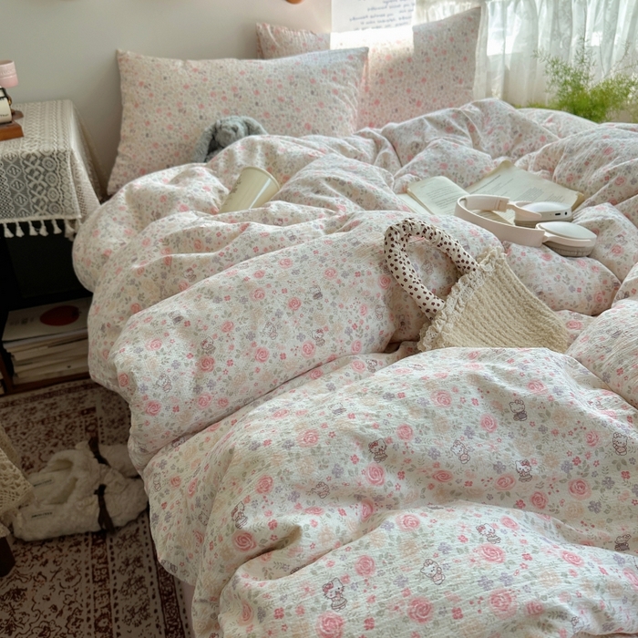 91家纺网 家纺一手货源 找家纺 红嘴企鹅 2025新款水洗棉四件套 凯蒂花漾