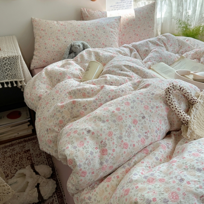 91家纺网 家纺一手货源 找家纺 红嘴企鹅 2025新款水洗棉四件套 凯蒂花漾