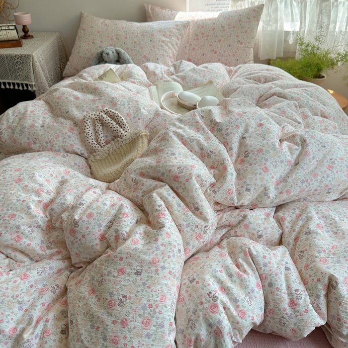 91家纺网 家纺一手货源 找家纺 红嘴企鹅 2025新款水洗棉四件套 凯蒂花漾