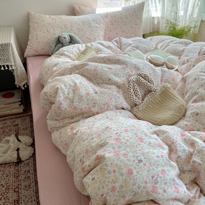 91家纺网 家纺一手货源 找家纺 红嘴企鹅 2025新款水洗棉四件套 凯蒂花漾