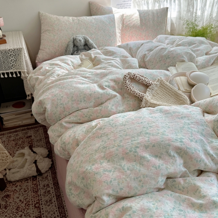 红嘴企鹅 2025新款水洗棉四件套 绿野樱梦