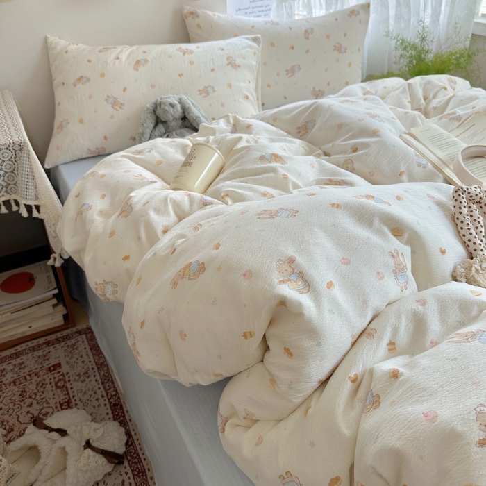 91家纺网 家纺一手货源 找家纺 红嘴企鹅 2025新款水洗棉四件套 萌兔甜梦坊