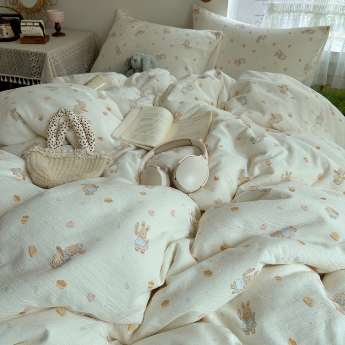 91家纺网 家纺一手货源 找家纺 红嘴企鹅 2025新款水洗棉四件套 萌兔甜梦坊