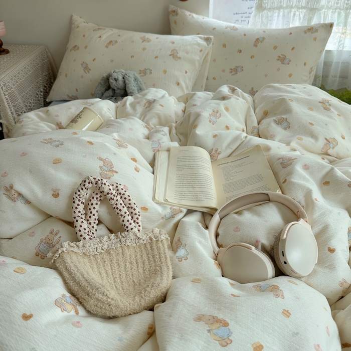 91家纺网 家纺一手货源 找家纺 红嘴企鹅 2025新款水洗棉四件套 萌兔甜梦坊