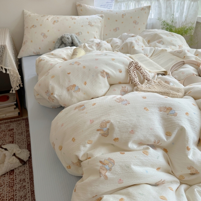 91家纺网 家纺一手货源 找家纺 红嘴企鹅 2025新款水洗棉四件套 萌兔甜梦坊