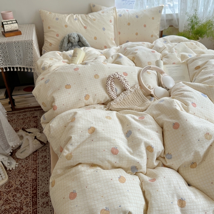 91家纺网 家纺一手货源 找家纺 红嘴企鹅 2025新款水洗棉四件套 南瓜甜梦园