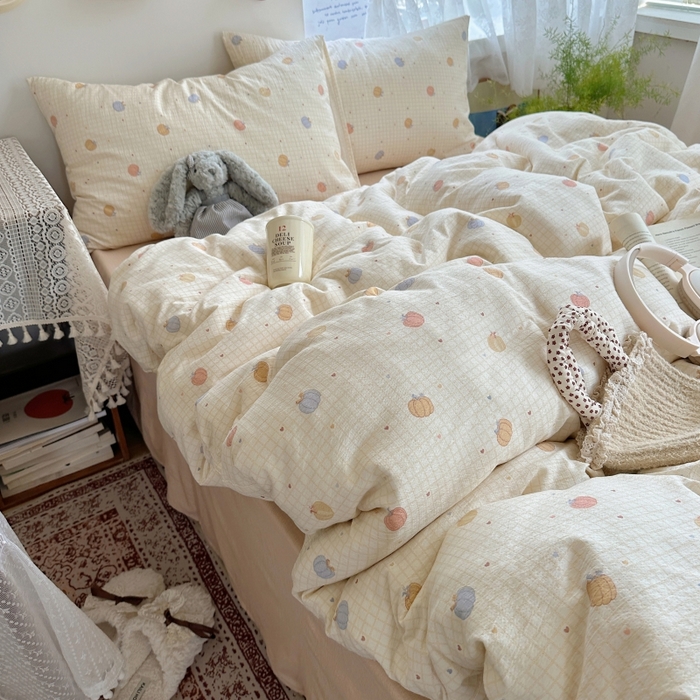 91家纺网 家纺一手货源 找家纺 红嘴企鹅 2025新款水洗棉四件套 南瓜甜梦园