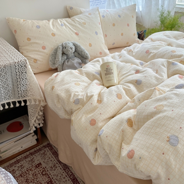 91家纺网 家纺一手货源 找家纺 红嘴企鹅 2025新款水洗棉四件套 南瓜甜梦园